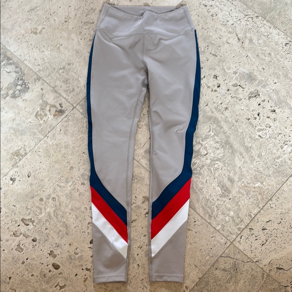 Gray and Red Color-Block Leggings with High Waist